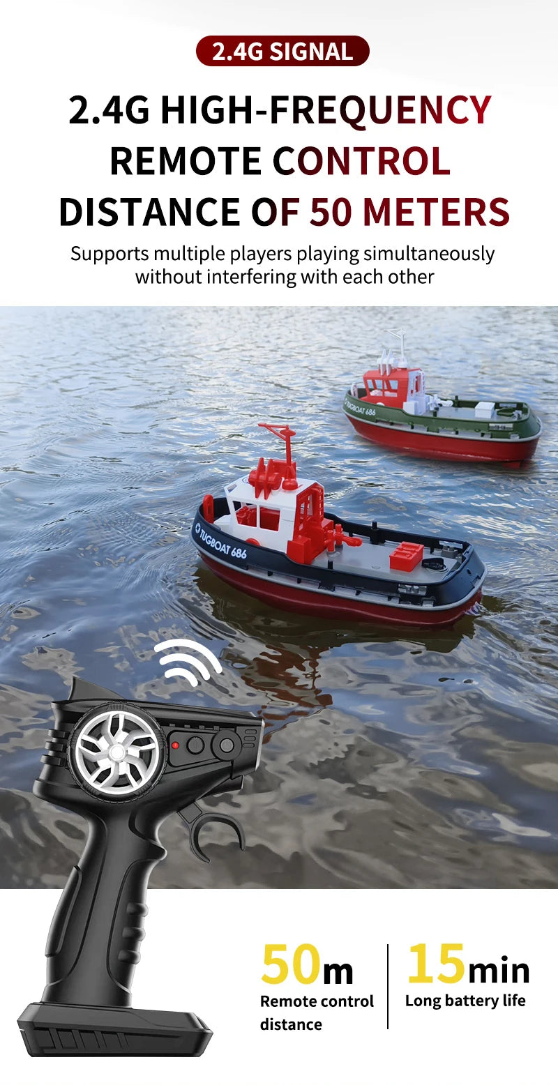 JIKEFUN 686 Rc Boat 2.4G 1/72 Powerful Dual Motor Long Range Wireless Electric Remote Control Tugboat Model Toys for Boys Gift