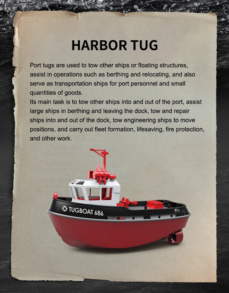 JIKEFUN 686 Rc Boat 2.4G 1/72 Powerful Dual Motor Long Range Wireless Electric Remote Control Tugboat Model Toys for Boys Gift