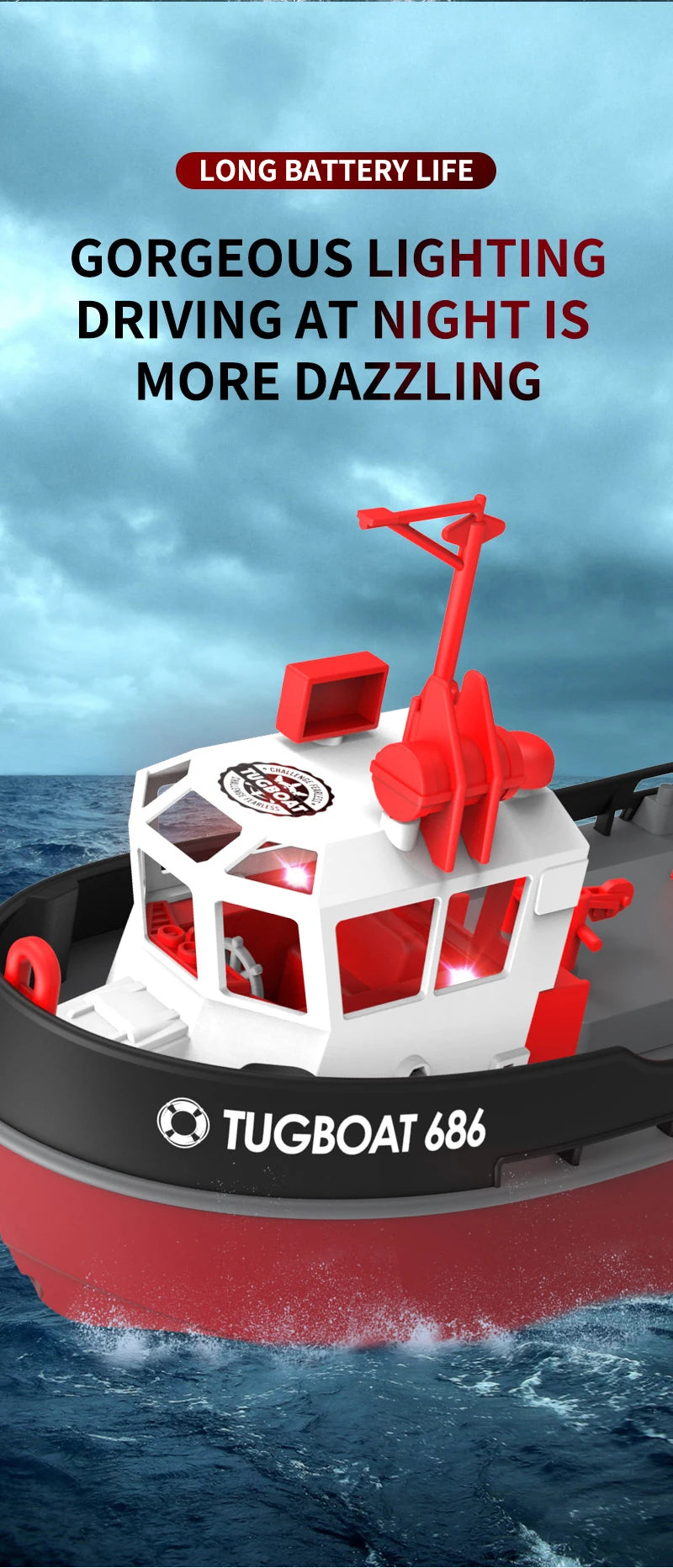 JIKEFUN 686 Rc Boat 2.4G 1/72 Powerful Dual Motor Long Range Wireless Electric Remote Control Tugboat Model Toys for Boys Gift