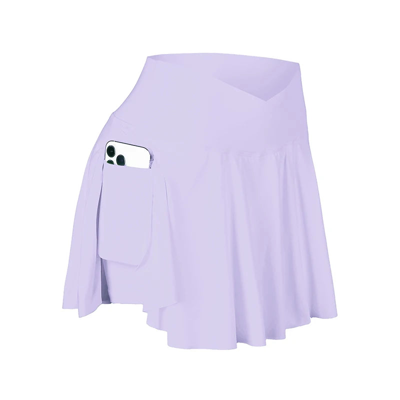 CHRLEISURE Womens Tennis Skirt with Pockets Crossover High Waisted Athletic Golf Skorts Running Workout Skirts 2 in 1
