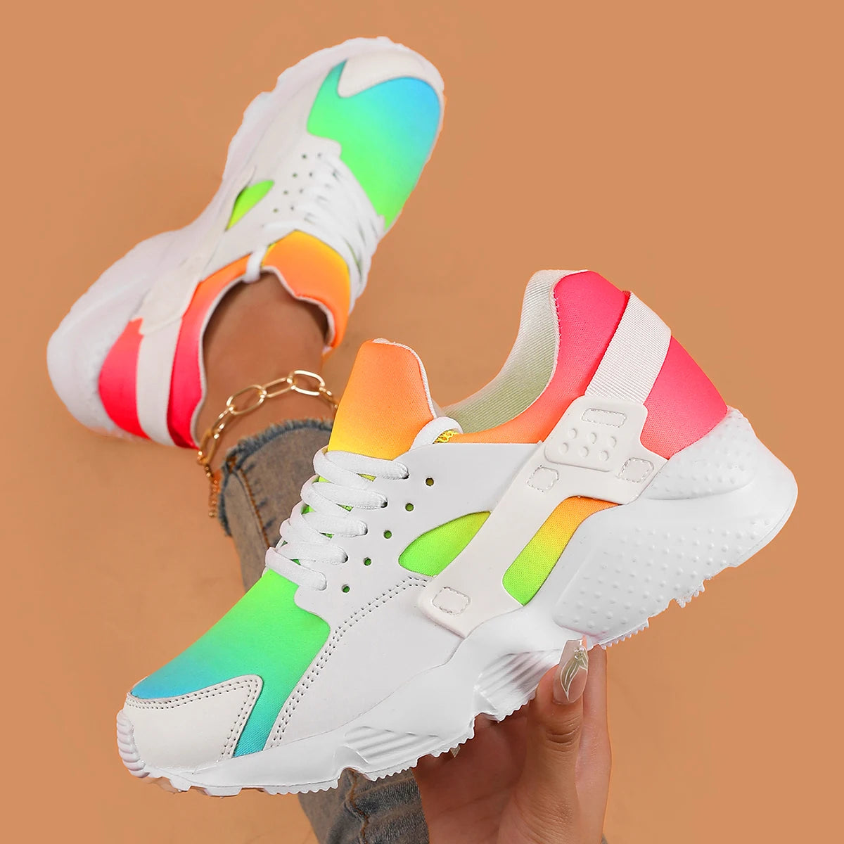 New Women Shoes Rainbow Colors Sneaker Wedges Female Women Vulcanize Shoes Breathable Confort Casual Ladies Shoes Tenis Feminino